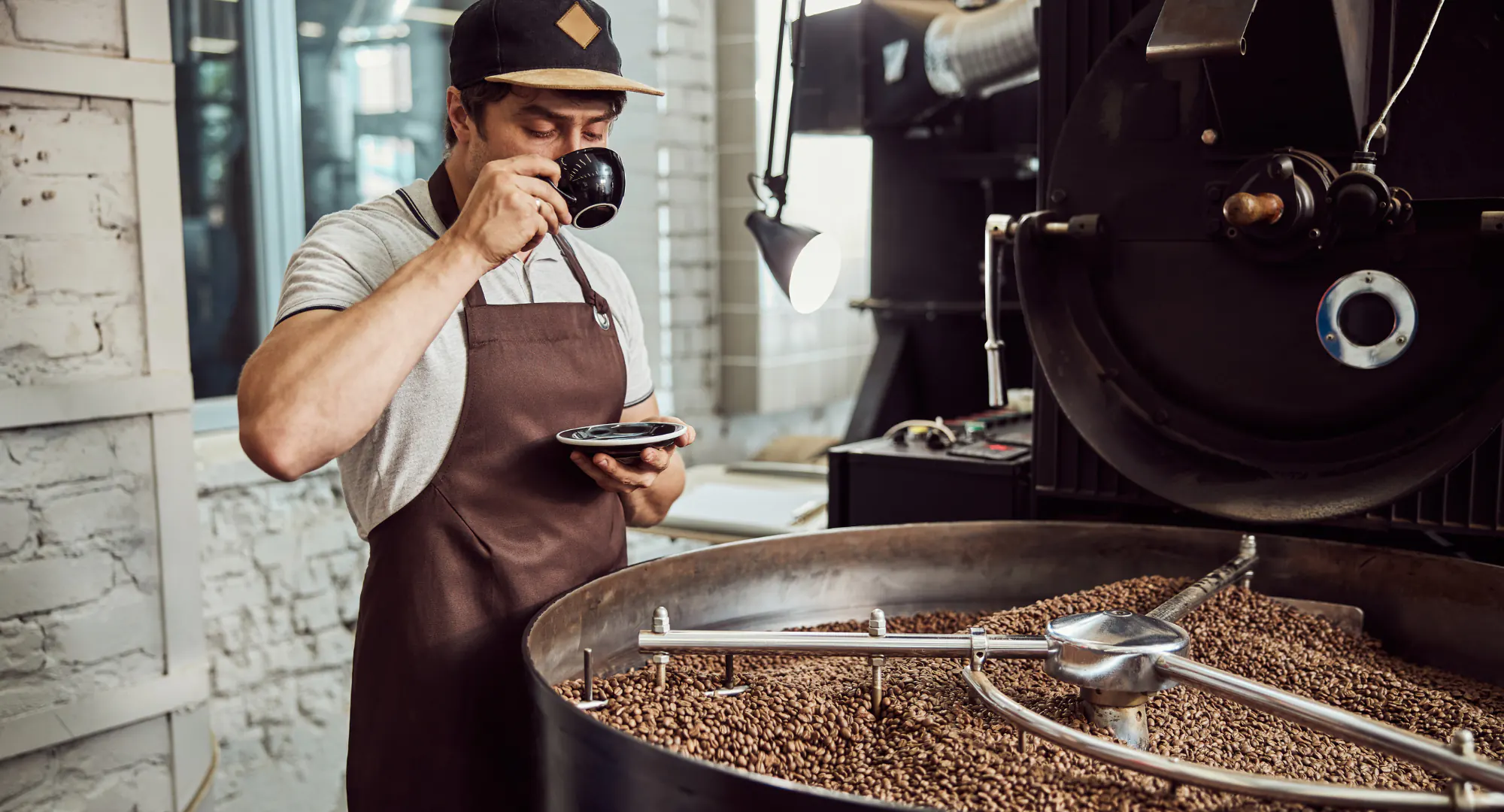 Un barista in abbigliamento casual e grembiule marrone assaggia il caffè mentre sta in piedi accanto a un grande tostacaffè industriale pieno di chicchi di caffè tostati.